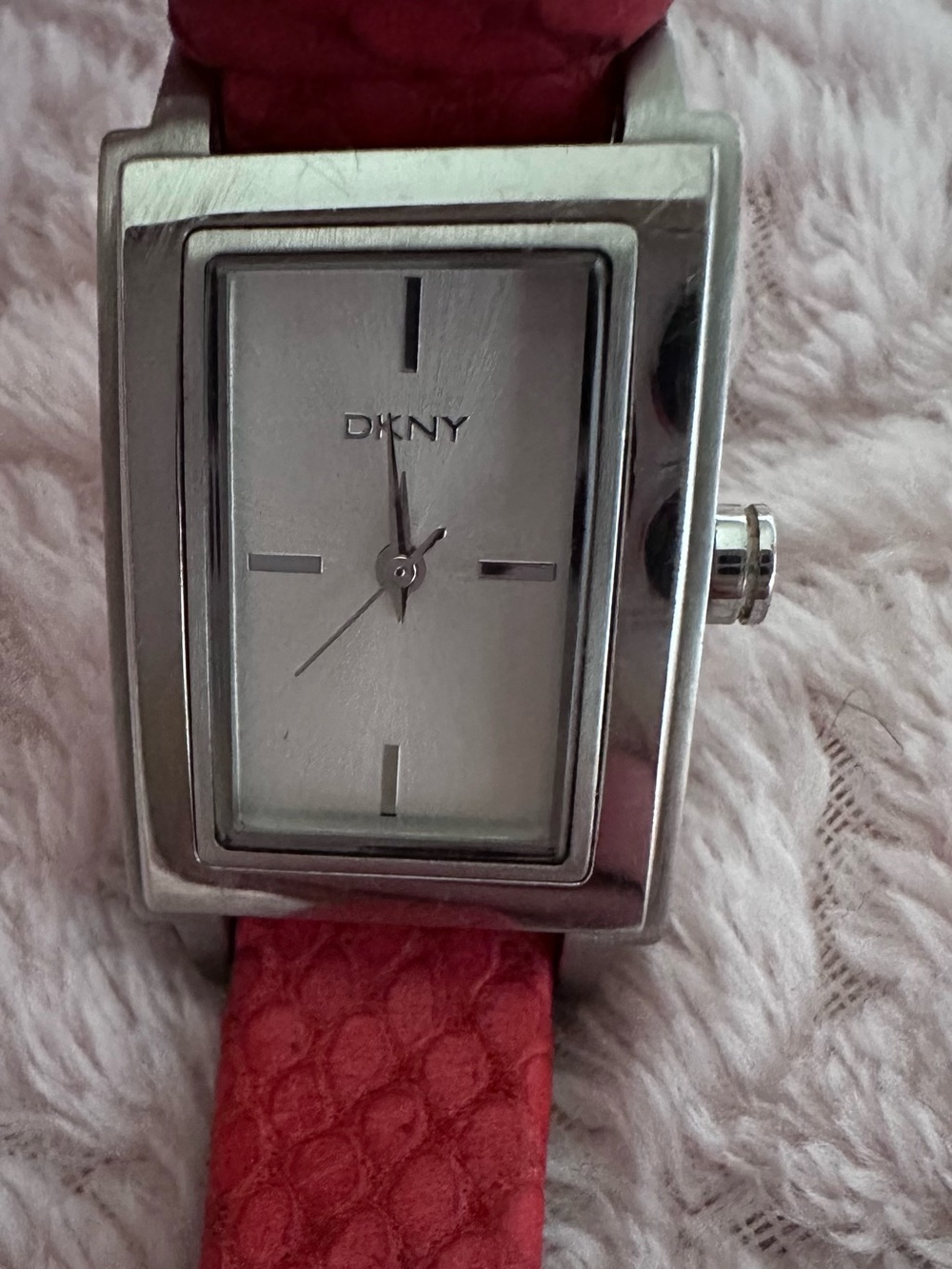 DKNY Silver-tone Rectangular Watch with Red Textured Strap